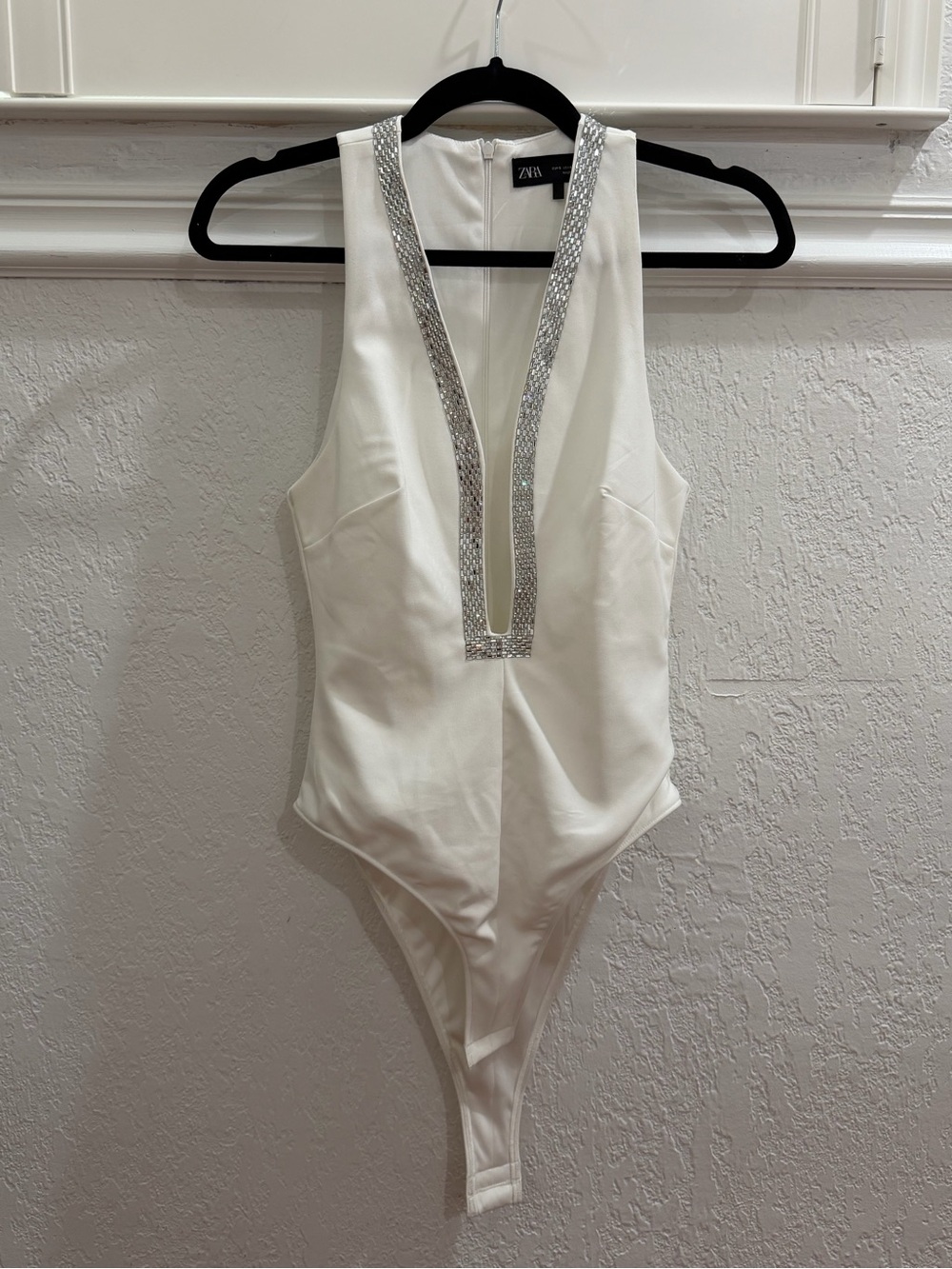 Zara White Bodysuit with Silver Embellished V-Neck